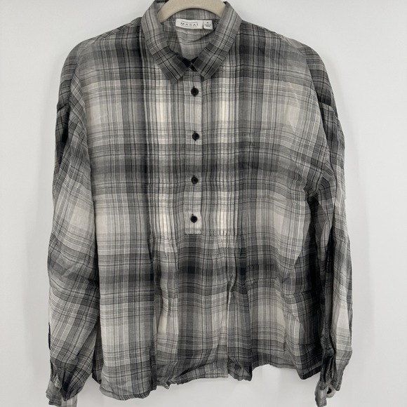 Masai Copenhagen Shirt Womens Small Gray Black Plaid Button Up Long Sleeve Top - Picture 1 of 9